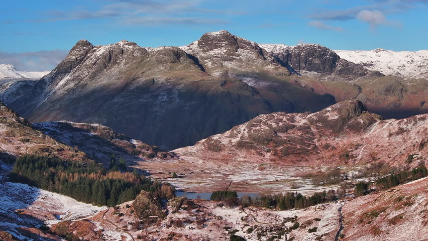 Aerial view over Blea Tarn and the Langdale Pikes, Lake District National Park, Cumbria, England