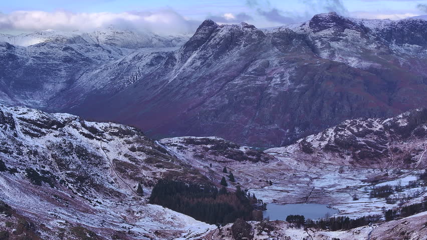 Aerial view over Blea Tarn and the Langdale Pikes, Lake District National Park, Cumbria, England