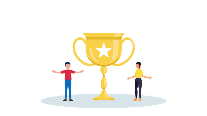 Successful People celebrating a victory, and to triumph Cup winners. Reach the goal, business concept of leadership and teamwork, Flat 2D character