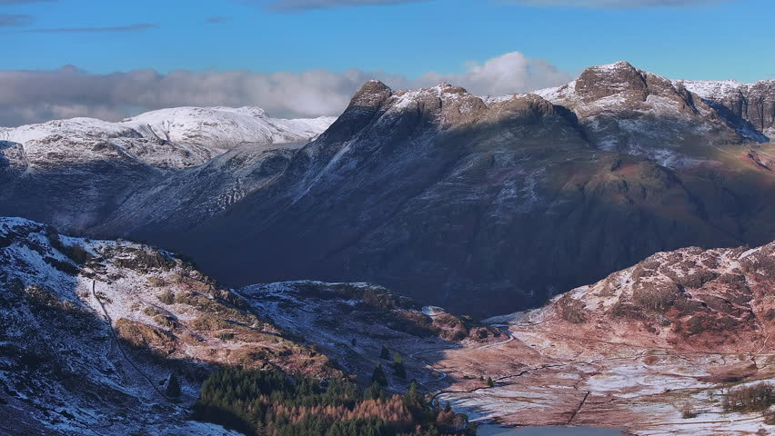Aerial view over Blea Tarn and the Langdale Pikes, Lake District National Park, Cumbria, England