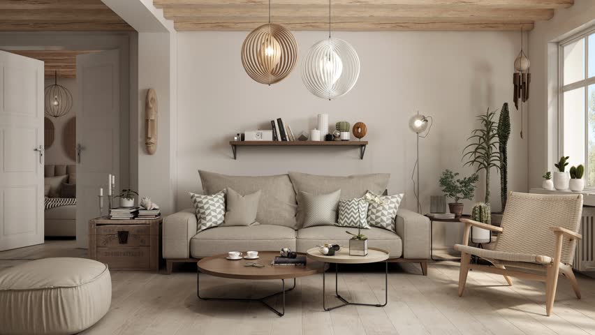 Living room, presenting the same interior in different color versions with changing decors and finishing materials. Different interior styles: scandinavian, japandi, boho, wabi sabi. 3D animation.
