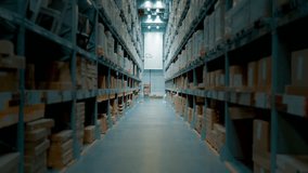 Walking Through Warehouse Corridor Products Store Tracking Shot. Walking through a big warehouse corridor with shelves full of boxes, slow motion. Tracking shot - Powered by Shutterstock - Get 15% off with code: PIKWIZARD15