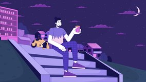 Relaxing with pet on hillside stairs at night lo fi animated cartoon background. Dog walking 90s retro lofi animation. Man drinking coffee on staircase. Dreamy chill scene 4K video motion graphic