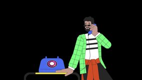 African american man talking telephone receiver line 2D character animation. Flat color cartoon 4K video, alpha channel. Retro phone conversation black guy animated person on transparent background