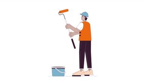 Hardhat contractor painting wall line cartoon animation. Building renovation 4K video motion graphic. Latino painter holding paint roller 2D linear animated character isolated on white background