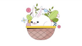 Cute rabbit Easter basket line 2D animation. Fluffy bunny basket eggs spring flowers 4K video motion graphic. Paschal animal springtime linear animated cartoon flat concept, white background
