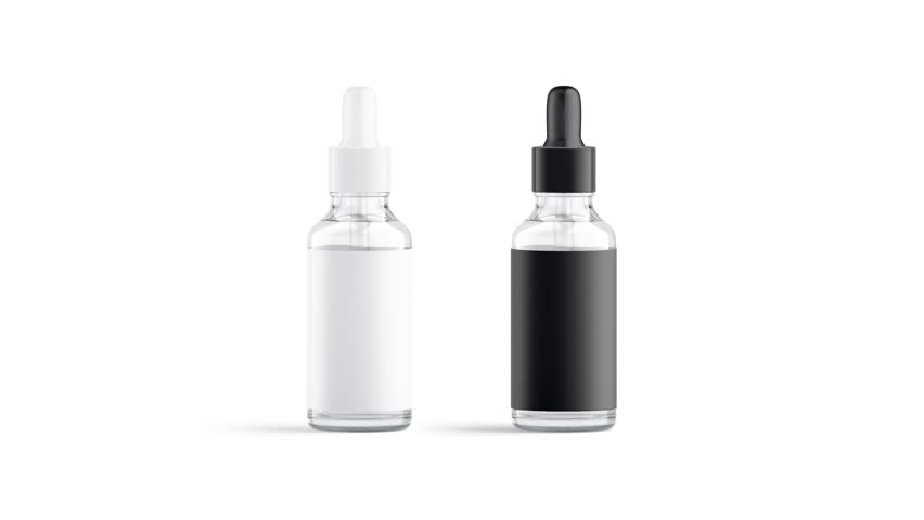Transparent glass dropper bottle white and black label, looped rotation, 3d rendering. Cycled serum or skin care cosmetic in pipette mockup, isolated on white background. Turning. 3D Illustration Royalty-Free Stock Footage #3437355111