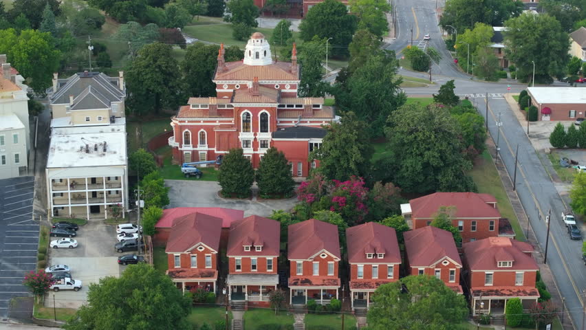 Historic American architecture of Macon, old historical city in Georgia. Large Victorian homes in USA Southern cityscape