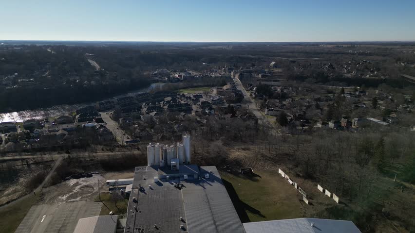 Aerial Views of the Town of Paris Ontario Canada (Winter, Train Tracks, Retirement Home, Grand River, Neighborhoods, New Housing, Industries, Condominiums, Downtown Paris)