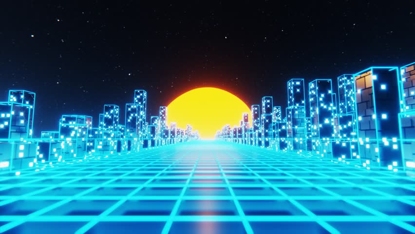 Driving through modern city at sunset. Futuristic science fiction tunnel through skyscrapers in city. 3D Seamless looped animation. Motion graphics - Powered by Shutterstock - Get 15% off with code: PIKWIZARD15