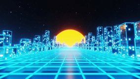 Driving through modern city at sunset. Futuristic science fiction tunnel through skyscrapers in city. 3D Seamless looped animation. Motion graphics - Powered by Shutterstock - Get 15% off with code: PIKWIZARD15