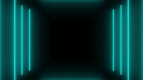 Vertical flying abstract aqua teal turquoise neon lights lines lamps equalizer virtual floor stage background with bright neon rays and glowing lines. looping. Speed of light. Seamless loop animation