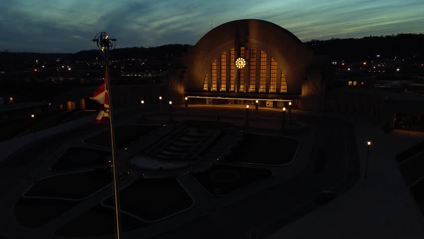 Union Terminal, Cincinnati, at dusk, aerial drone train station and museum