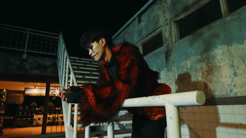Two people in stylish outfits on an urban rooftop at night, exuding a trendy, rebellious vibe inside the alley