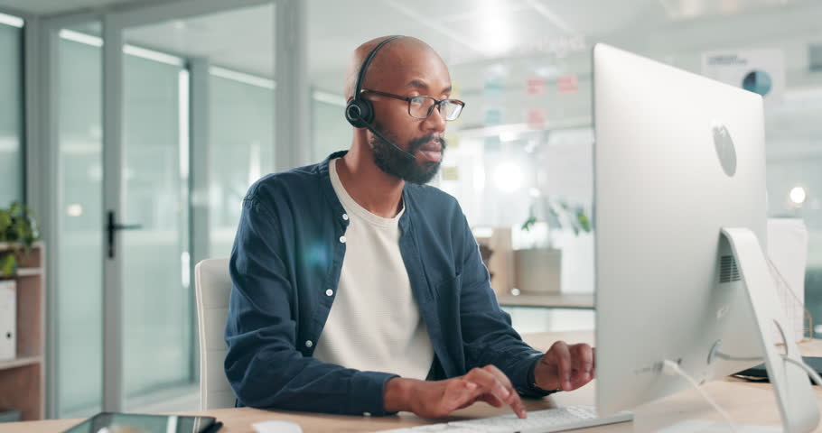 Call center, burnout and tired man in office consulting for contact us, faq or customer service. Telemarketing, fatigue or African male consultant bored with crm, questions for virtual assistant task