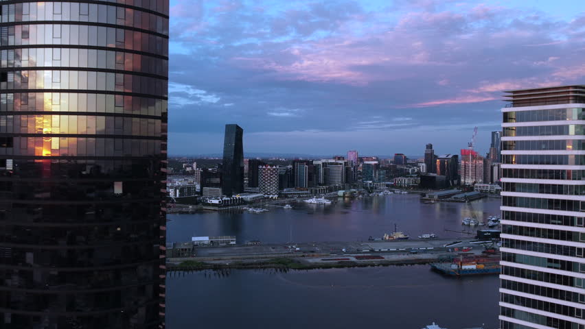 Aerial footage at Blue Hour around the Melbourne Docklands and Bolte Bridge area of Melbourne. 