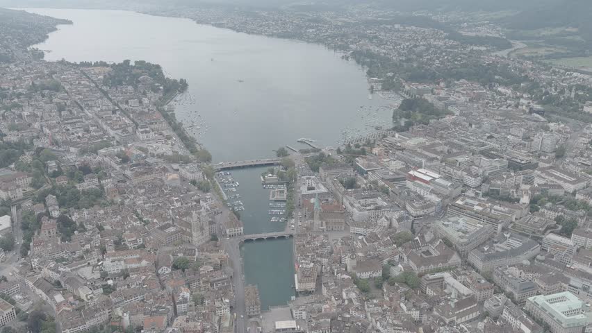 A-Log. Zurich, Switzerland. Panorama of the city overlooking Lake Zurich. Summer day, Aerial View