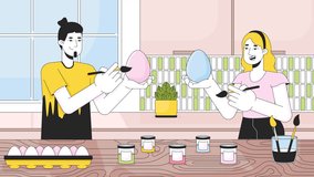 Easter-eggs painting kitchen line cartoon animation. Caucasian people decorating eggs together 4K video motion graphic. Paschaltide happy family 2D linear animated characters on interior background