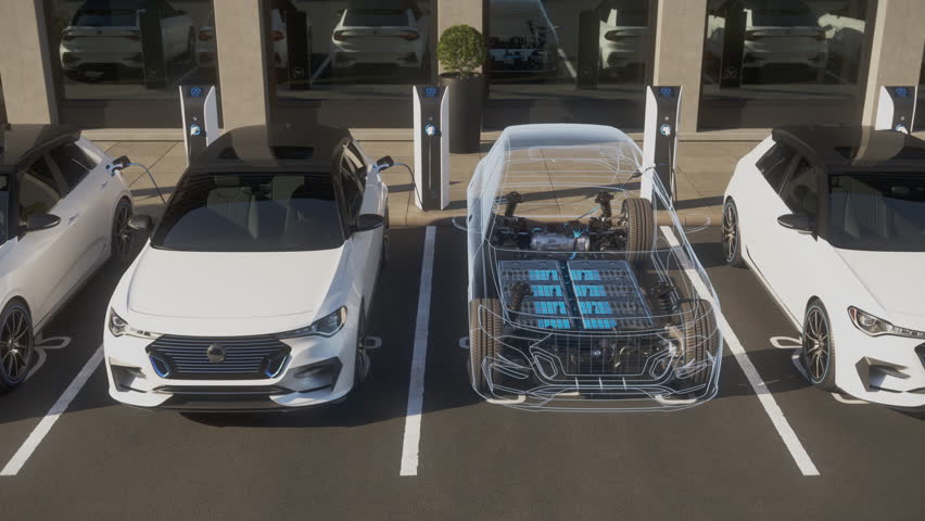 A row of generic autonomous electric cars charging in front of office. One Car in x-ray view showing chassis with battery. Decarbonisation and zero emission concept. Realistic 3d animation rendering Royalty-Free Stock Footage #3437735779