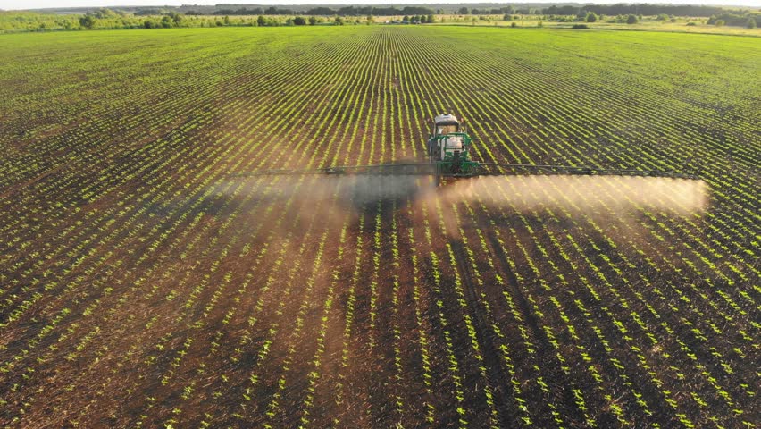 Agriculture tractor with sprinkler machine is irrigating farmland in summer morning, aerial view above picturesque sown agricultural field in sunrise or sunset, modern irrigation system in farm fields