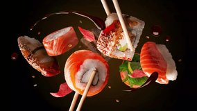 Flying sushi pieces are placed between chopsticks. Animation 4k video footage. Sushi and roll levitation with soy sause. black background 9:16	vertical