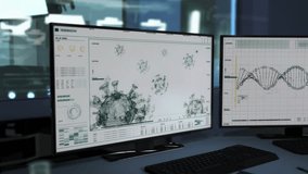 The most technologically improved laboratory equipment. White background. DNA Analysis of the Covid-19 Structure. Computer User Interface. Data processing. Investigating deep layers of a virus. - Powered by Shutterstock - Get 15% off with code: PIKWIZARD15