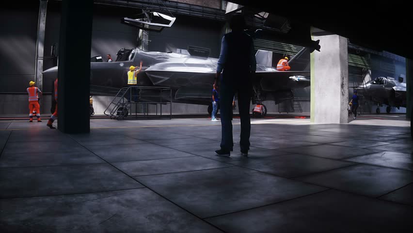 Production of military fighter jet f 35 at the factory. Military factory weapon. Realistic 4k animation.