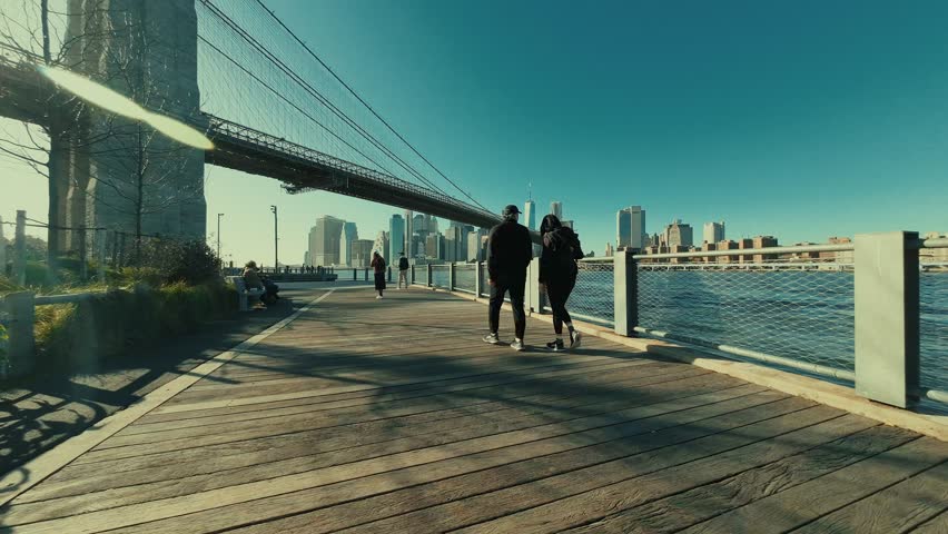 People relax walk in park with Brooklyn Bridge in New York City Royalty-Free Stock Footage #3438145913