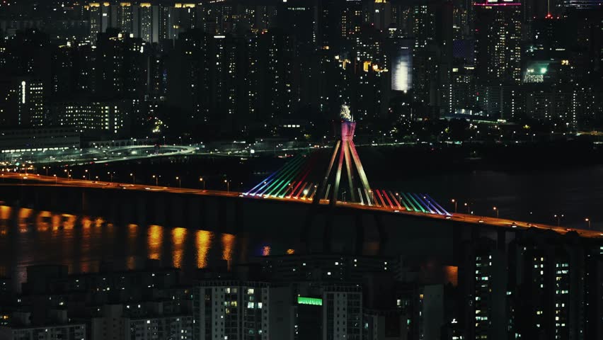 Mountain top night view of urban city skyline of Seoul in South Korea, Asia.