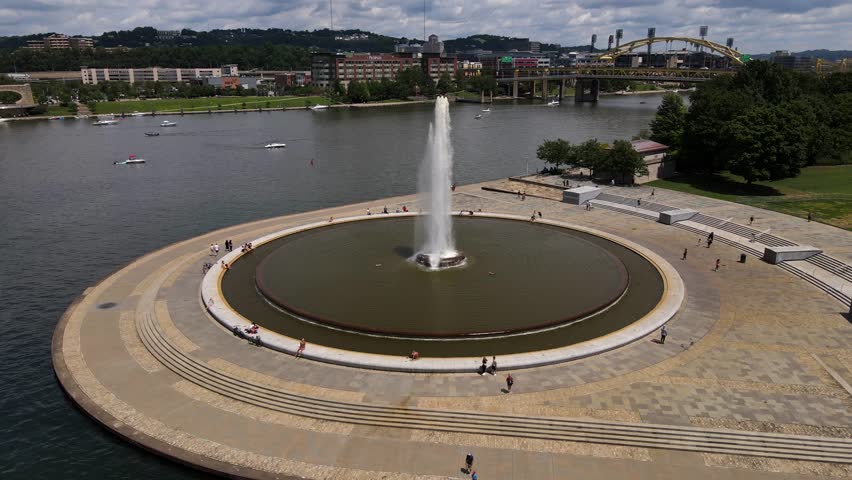 Pittsburgh - 1.22.2024 - excellent aerial footage circling the fountain at the edge of pittsburgh, pennsylvania's point state park. Royalty-Free Stock Footage #3438152429