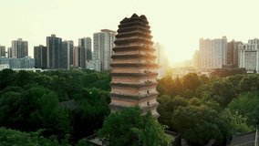 Aerial drone view of Xiaoyan Pagoda at sunrise in Xian city in Shanxi, China