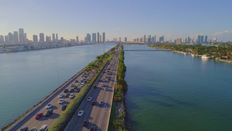 Macarthur Causeway Miami Beach drone aerial flyover 4k traffic cam