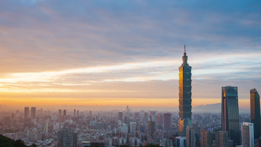 Day to night Time lapse, Aerial view of Taipei, Taiwan and sunset sky