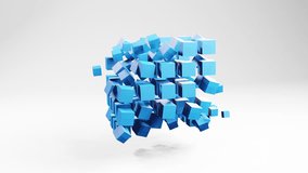 Blue cube shape construction in light space, abstract animation motion graphics, video geometric 3d background with copyspace, color geometrical shape made of flying pieces