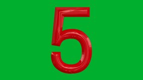 Number 5 rotating on green background in red shiny colour, with looping animation, 3d render Hd resolution chroma key.