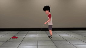 Kid playing with toy car 3d rendered video clip