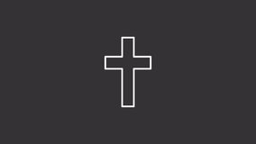 Animated cross white icon. Christian symbol line animation. He is risen. Holy glow. Resurrection sunday. Isolated illustration on dark background. Transition alpha video. Motion graphic