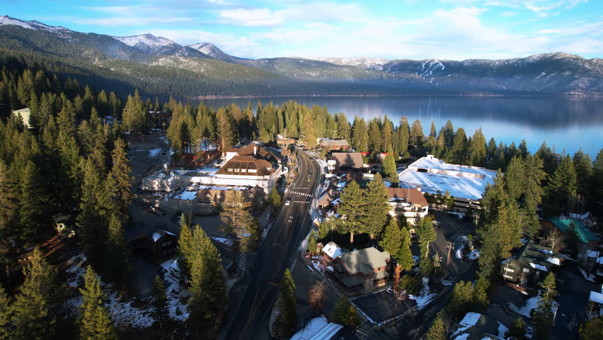 Aerial View of Lake Tahoe and Traffic on Nevada and California State Border, Crystal Bay on Sunny WInter Day