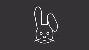 Animated bunny face white icon. Rabbit moving ears line animation. Easter symbol. Cute animal. Funny face. Isolated illustration on dark background. Transition alpha video. Motion graphic
