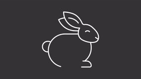 Animated cruelty free white icon. Rabbit and heart line animation. Vegan product. No animal testing. Isolated illustration on dark background. Transition alpha video. Motion graphic