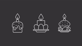 Animated candlelight white icons. Easter pastry line animation library. Religious holiday. Resurrection sunday. Isolated illustrations on dark background. Transition alpha. HD video. Icon pack