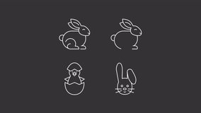 Animated animals white icons. Easter mascots line animation library. Cute rabbits. Newborn chick. Happy easter. Isolated illustrations on dark background. Transition alpha. HD video. Icon pack