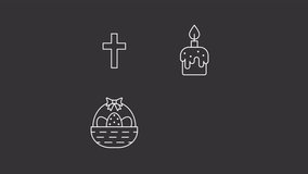Christian holiday linear animations. Animated easter linear white icons. Traditional holiday. Resurrection sunday. Isolated illustrations on dark background. Transition alpha. HD video. Icon pack