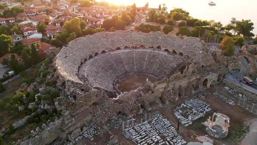 Ancient city of Side, Turkey Aerial view. The largest amphitheater in Turkey. Ruins of an ancient city on the Mediterranean coast. 