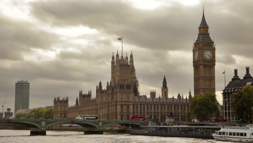 Distant view of Westminster palace, Big Ben, and Westminster bridge, located in
