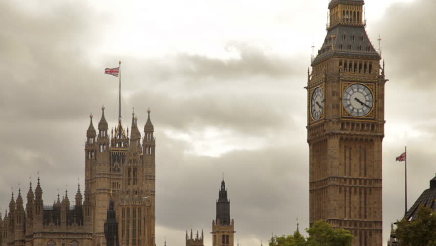 Big Ben and Westminster Palace with storm clouds in background in London,