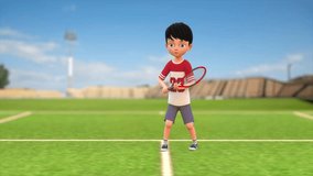 Kid playing Tennis in court 3d render video clip