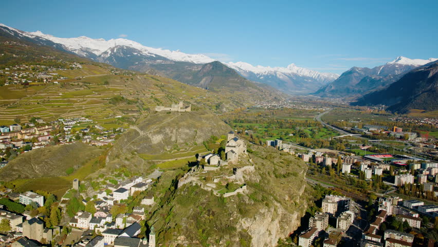 Panorama Of Valere Basilica And Tourbillon Castle In Sion, Canton Valais, Switzerland. Aerial Orbiting Shot