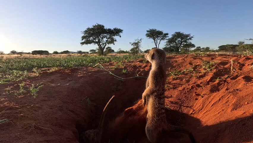 Early morning ground-level footage of a Suricate Meerkat standing upright at the burrow looking around while another one digs beside him. Southern Kalahari.