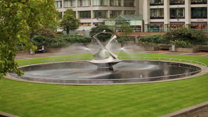 Stationary view of Revolving torsion Fountain Sculpture in London, England.